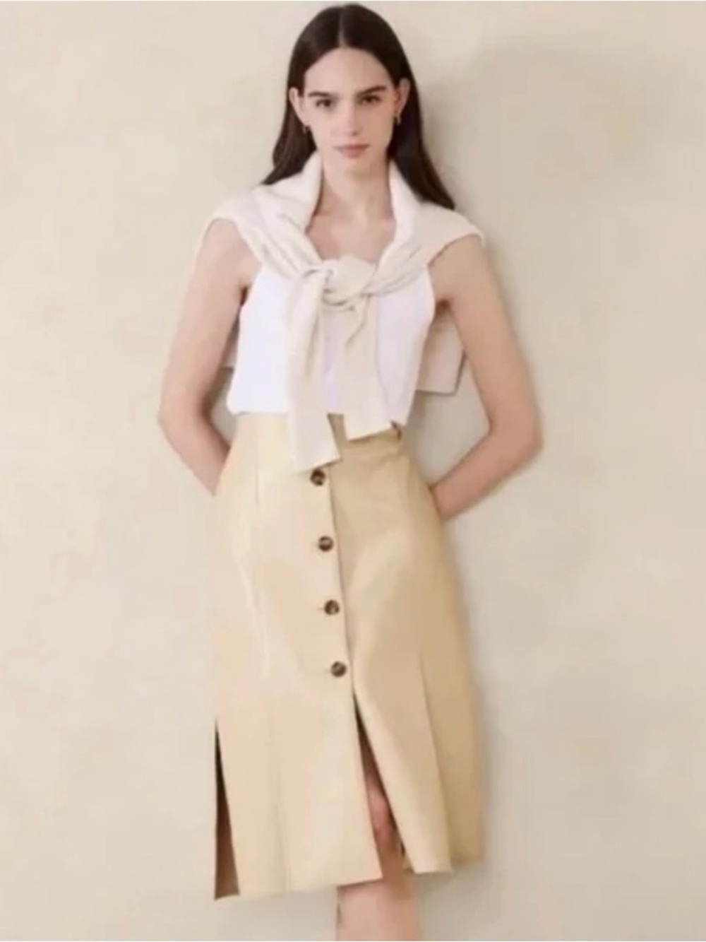 Banana Republic Vegan Leather Button Front Midi Skirt Ivory Size 2 NWT